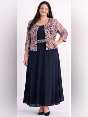 JH Evenings Navy Formal Dress w/ Beaded Lace Jacket Size 18 P2P 24”